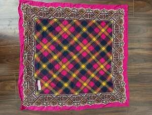 Vintage Yves Saint Laurent Foulards Plaid Paisley Silk Scarf Pink and Navy